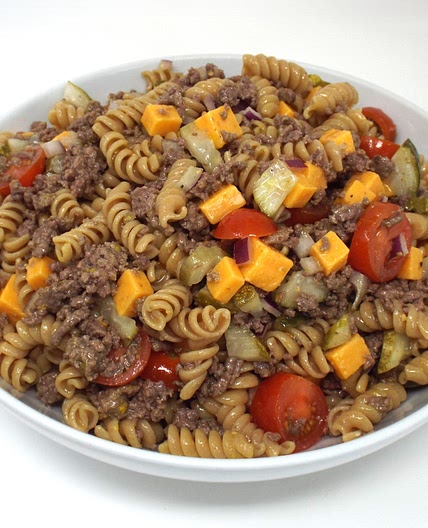 Cheeseburger Pasta Salad with Yellow Mustard Vinaigrette