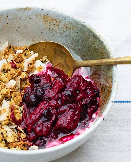 Pecan and coconut granola with roasted rhubarb and blackcurrants