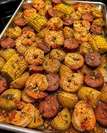 Garlic Butter Shrimp, Smoked Beef Sausage & Corn Sheet Pan Bake
