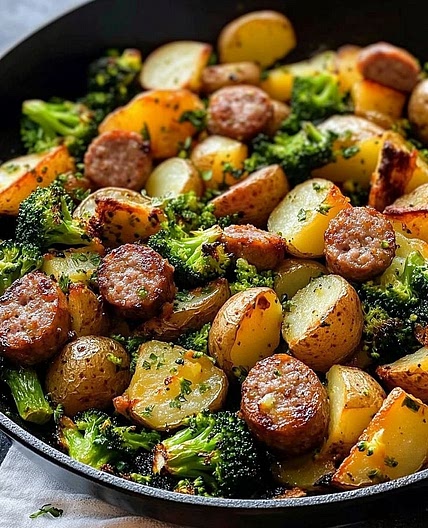 OVEN ROASTED SMOKED SAUSAGE WITH GARLIC BUTTER POTATOES AND BROCCOLI