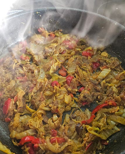 Roasted Eggplant (Aubergine), Pepper & Cabbage Sauté Vegan