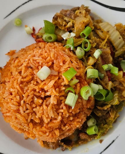 Vegan Roasted Eggplant (Aubergine) & Cabbage Sauté with Tomato-Cumin Basmati Rice