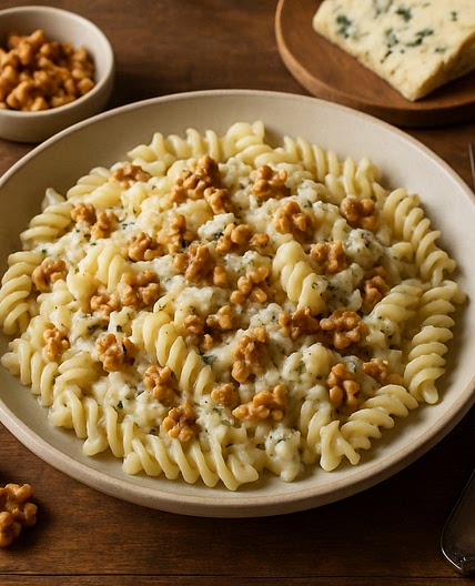 Fusilli con queso Roquefort y nueces