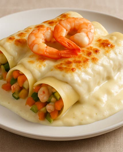 Canelones de verduritas y langostinos