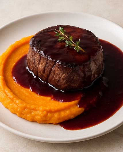 Solomillo al vino tinto con puré de boniato