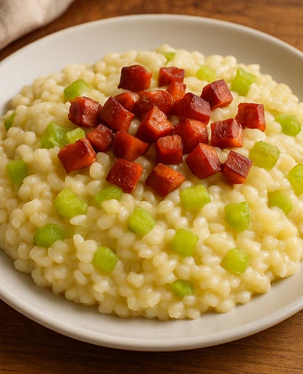 ‘Risotto’ con apio y jamón horneado