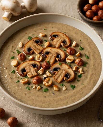 Crema de champiñones con avellanas