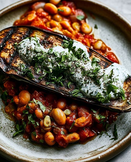 Smoky Harissa Butter Beans with Charred Aubergine & Herby Tahini