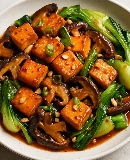 Spicy Peanut Tofu Stir Fry with Shiitake mushrooms and Bok Choy