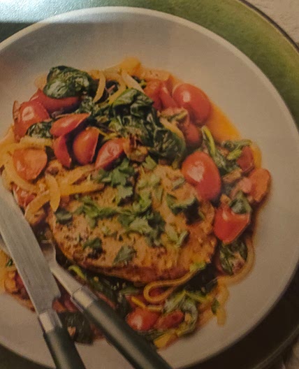 Skillet Pork Chops Provençal with Cherry Tomatoes, Spinach Salad & Garlic Toast