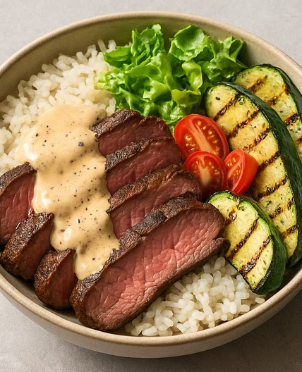 Grilled Steak Bowl with Creamy Sauce & Grilled Zucchini