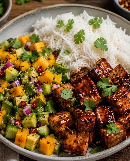 Tofu mit Mangosalsa und Reis