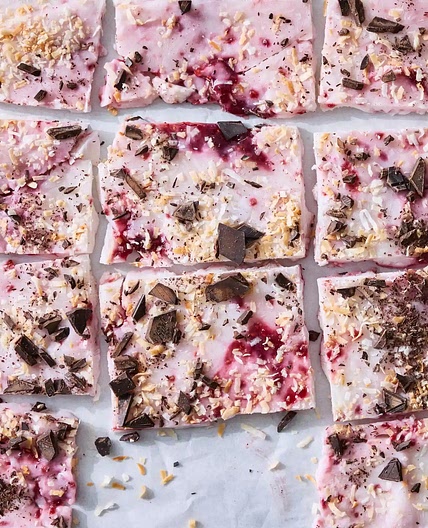 Raspberry-Chocolate Coconut Yogurt Bark