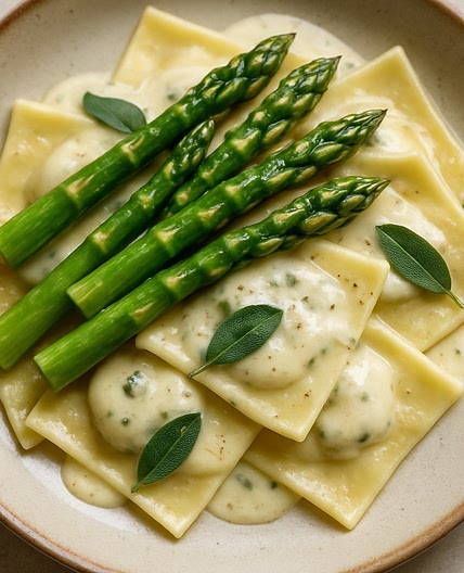 Espárragos y pasta wonton con crema de salvia