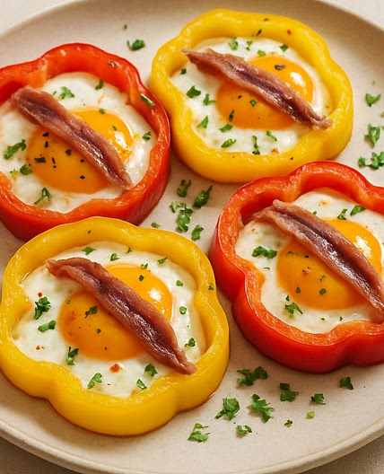 Nidos de pimientos con huevo y anchoas