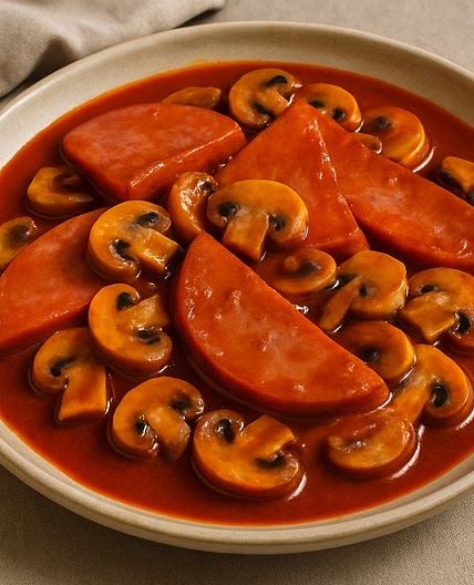 Mortadela en salsa de guajillo con champiñones
