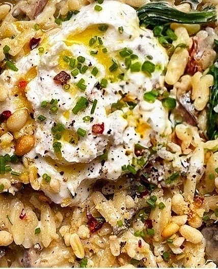 Miso mushroom orzotto with creamy cashew 'labneh' & chilli pine nut crumb