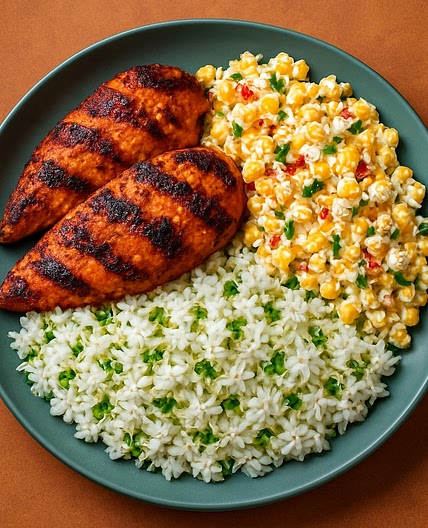 Mexican Grilled Chicken with Creamy Street Corn Salad & Coriander Lime Rice