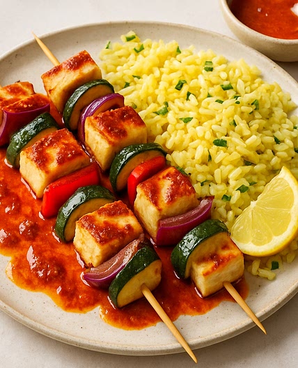 Halloumi kebabs with a paprika dressing and lemon orzo