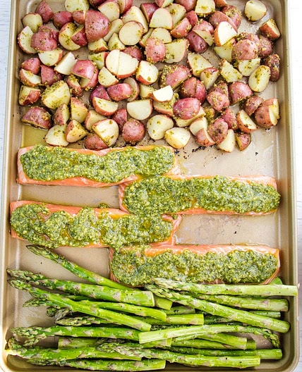 Sheet Pan Salmon and Asparagus with Pesto and Potatoes
