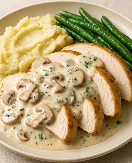 Pavo con crema de champiñones