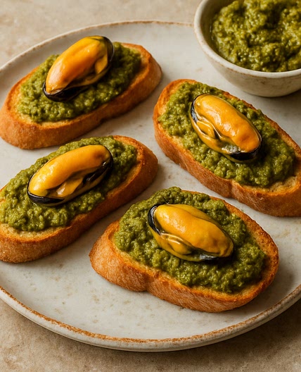 Crostini de mejillones con pesto de curry