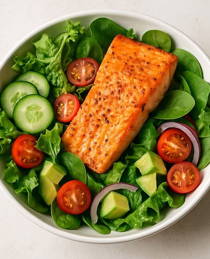 Ensalada verde con salmón horneado