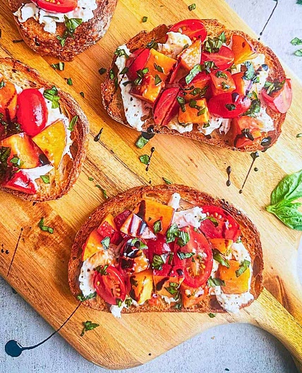 Peach + Tomato Burrata Bruschetta