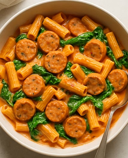 15-Minute Creamy Tomato & Spinach Chicken Sausage Pasta