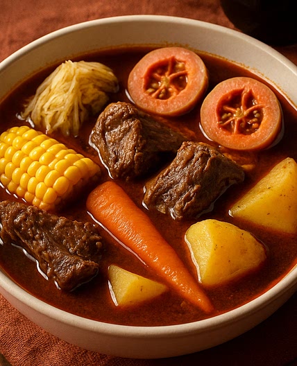 Caldo de res con xoconostle (con adobo de chile pasilla)