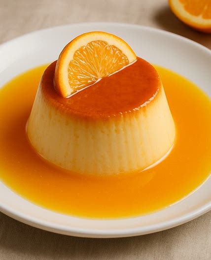Flan de crema con salsa de naranja