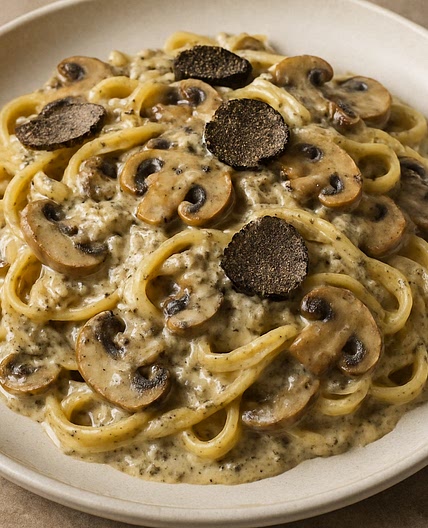 Pasta con salsa de trufas y champiñones