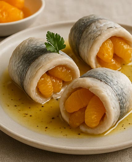 Rollitos de pescado rellenos de mandarina
