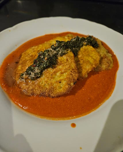 Latkes with Romesco sauce and chimichurri