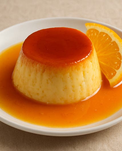 Flan de crema con salsa de naranja