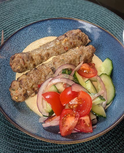 Lamb kofta, hummus, salad