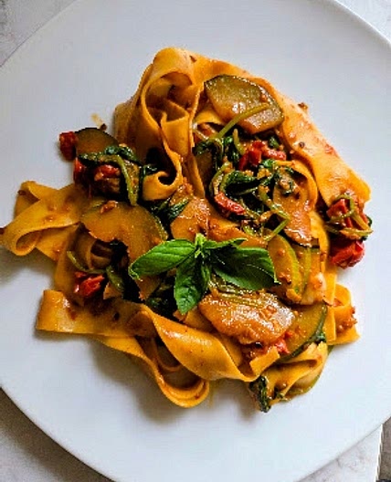 Burst Tomato Zucchini Pappardelle