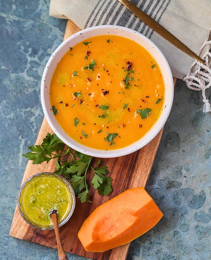 Pumpkin and Ginger Soup with Orange and Cilantro