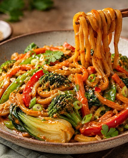 Udon-Pfanne mit Gochujang-Erdnuss-Kokos-Soße