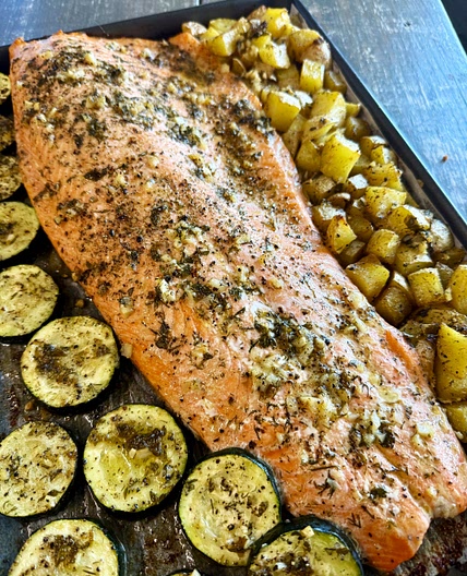 One Pan Salmon Potatoes and Zucchini