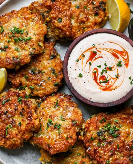 Shrimp and Corn Cakes with Sriracha Sauce