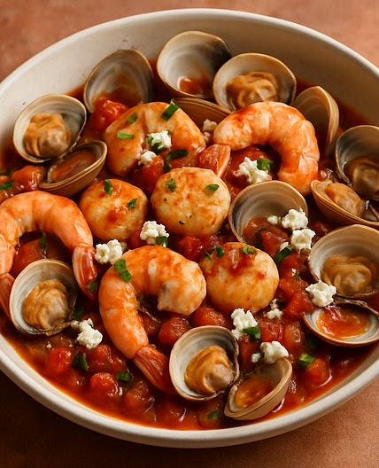 Prawns, scallops & clams with tomato & feta