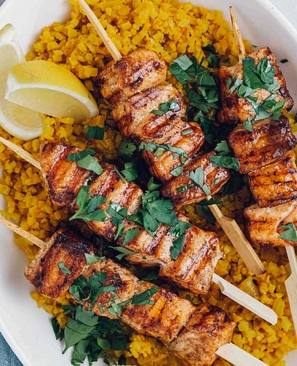 Shawarma-Spiced Salmon Skewers with Golden Cauliflower Rice