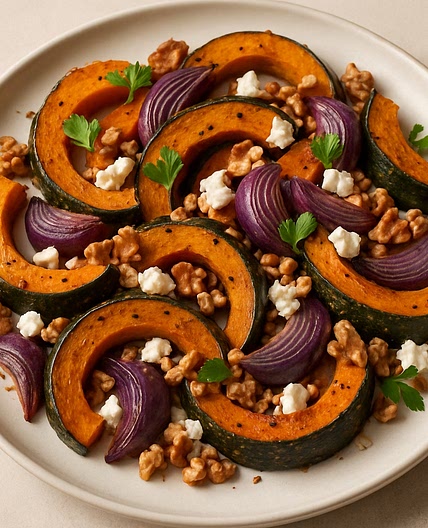 Roasted Kabocha Squash with Red Onion, Walnuts & Feta