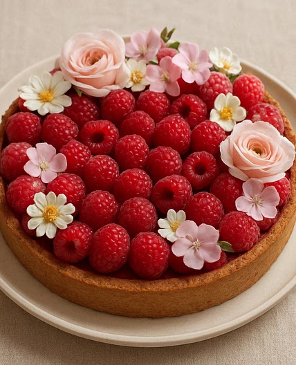 Tarta de frambuesa con flores