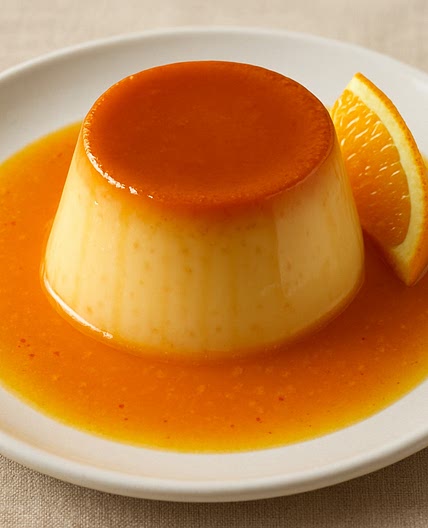 Flan de crema con salsa de naranja