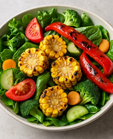 Ensalada de verdura con elote asado y pimiento