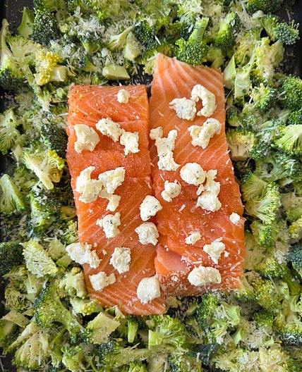 Salmon broccoli sheet pan