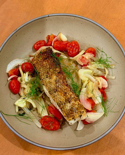 Crispy Chilean Sea Bass with Roasted Fennel and Tomato