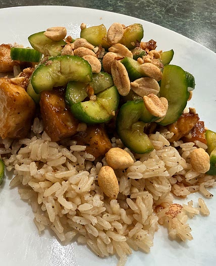 Ginger Chicken & Rice Bowls w/Spicy Smashed Cucumbers & Peanuts 